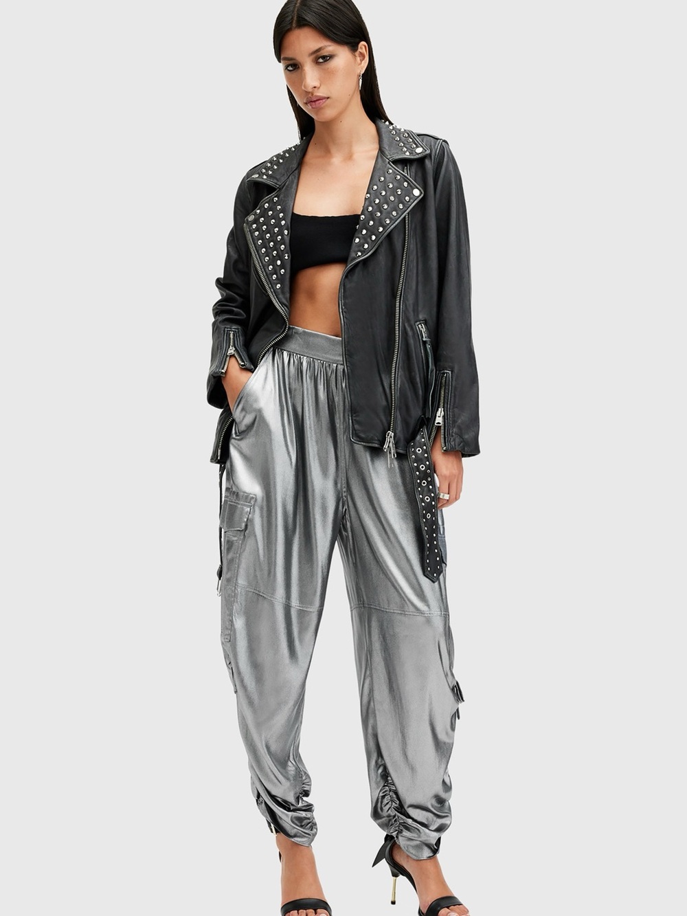 All Saints Silver Metallic Cargo Joggers